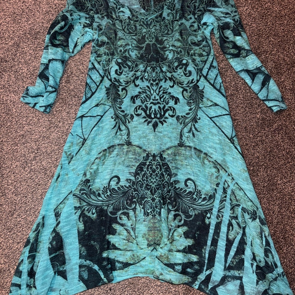 Chic Teal Patterned Long Sleeve Dress